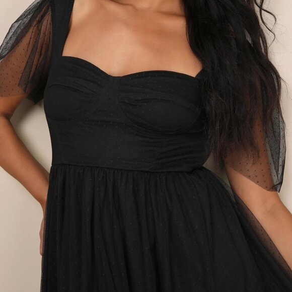 DRESS w/ POCKETS!! Black Tulle Bustier Swiss Dot Midi Dress -Elegant & Romantic - Picture 3 of 12